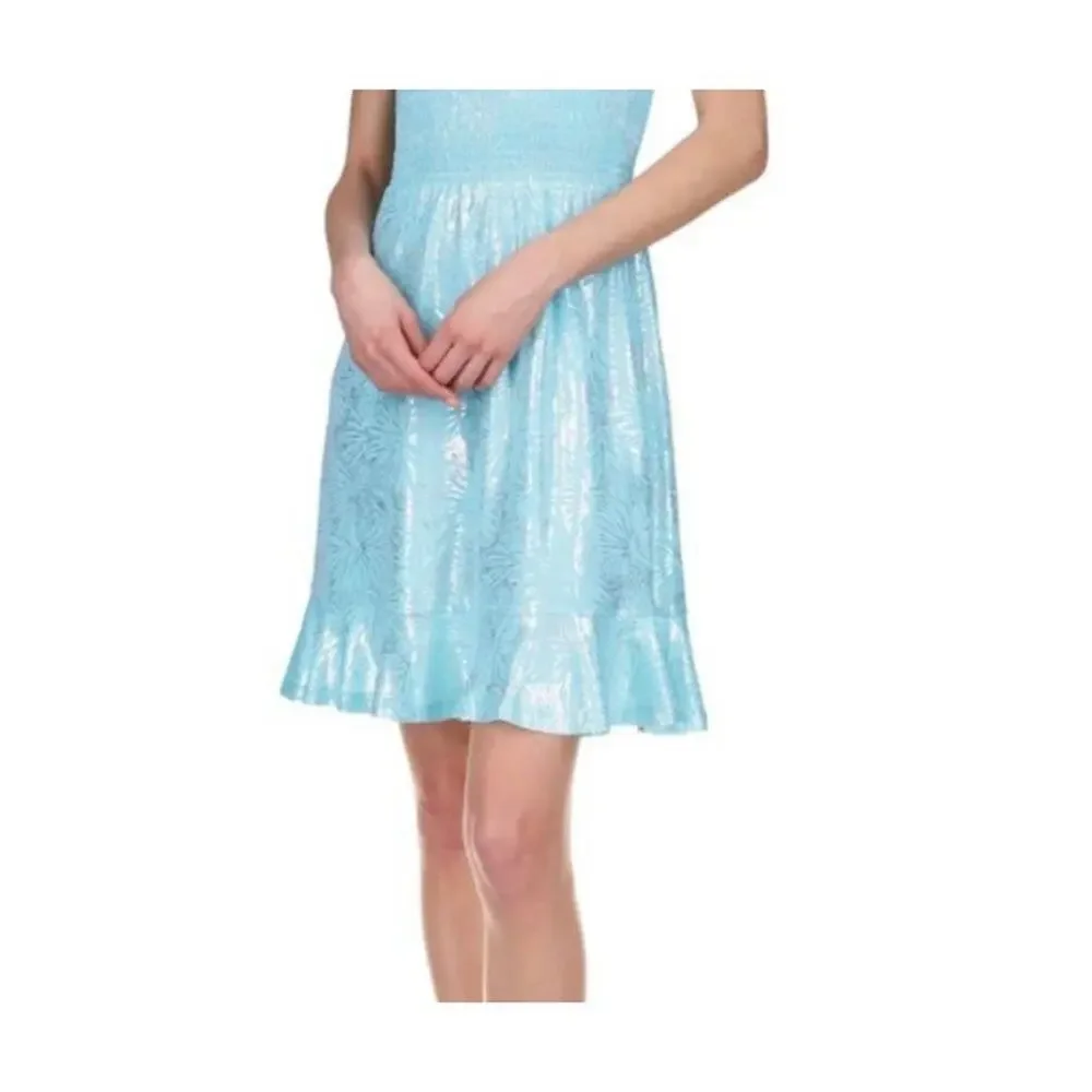 Michael Kors Smocked Dress Small Turquoise Metallic Foil Puff Sleeve NWT